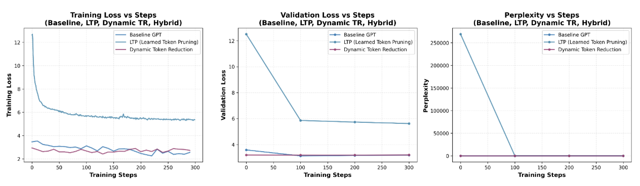 Training loss, validation loss, and perplexity vs training steps